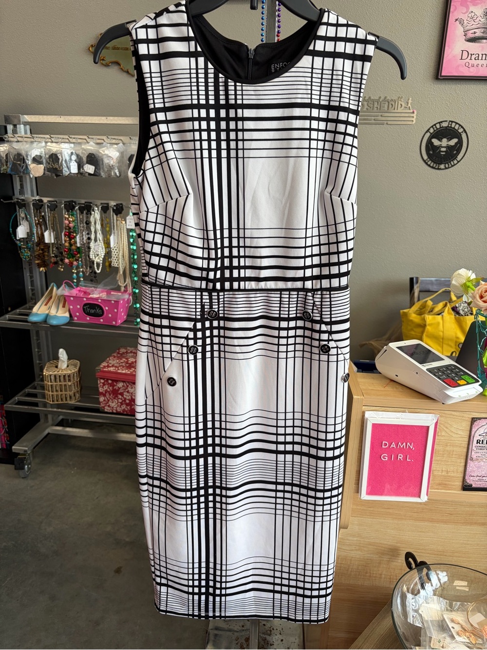 Enfocus Studio Black & White Plaid Midi Sheath Dress